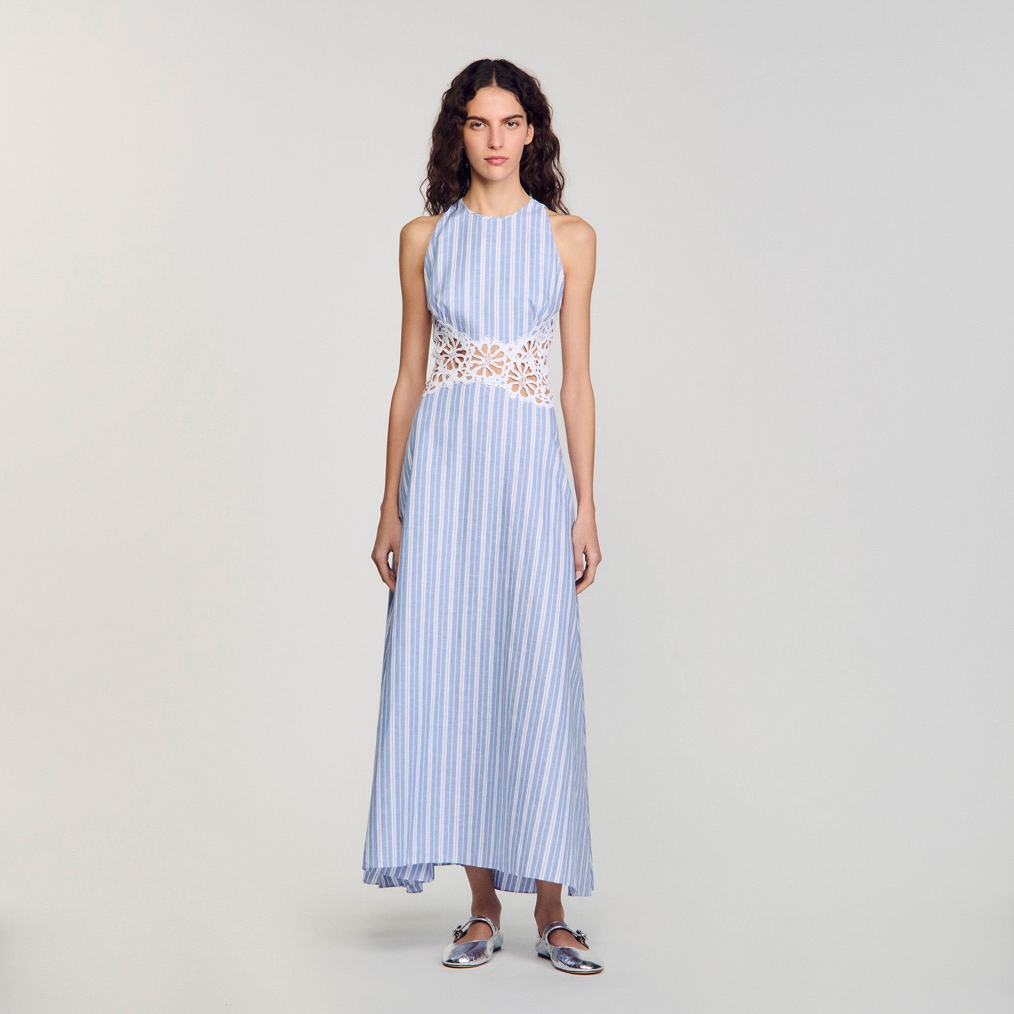Sandro / Striped maxi dress with lace Blu / White