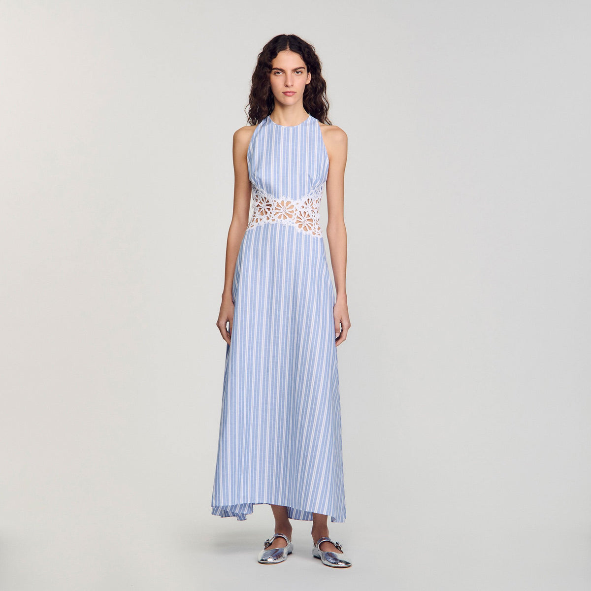 Sandro / Striped maxi dress with lace Blu / White
