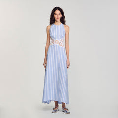 Sandro / Striped maxi dress with lace Blu / White