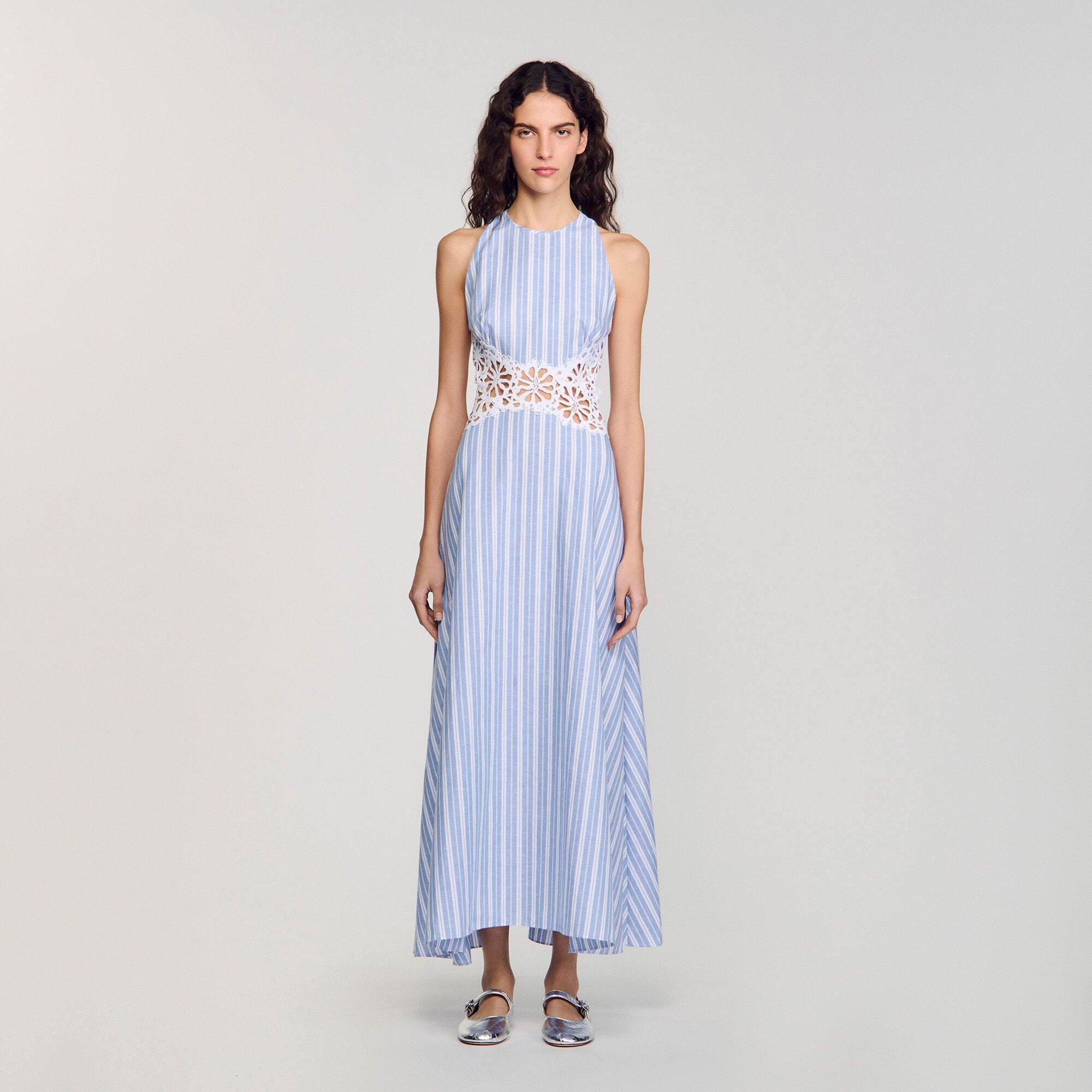 Sandro / Striped maxi dress with lace Blu / White