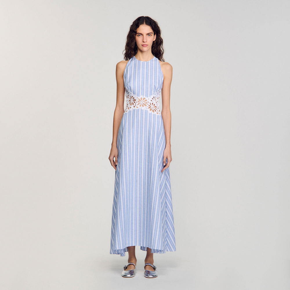 Sandro / Striped maxi dress with lace Blu / White