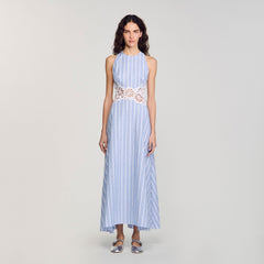 Sandro / Striped maxi dress with lace Blu / White