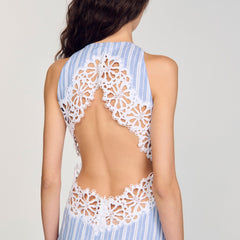Sandro / Striped maxi dress with lace Blu / White