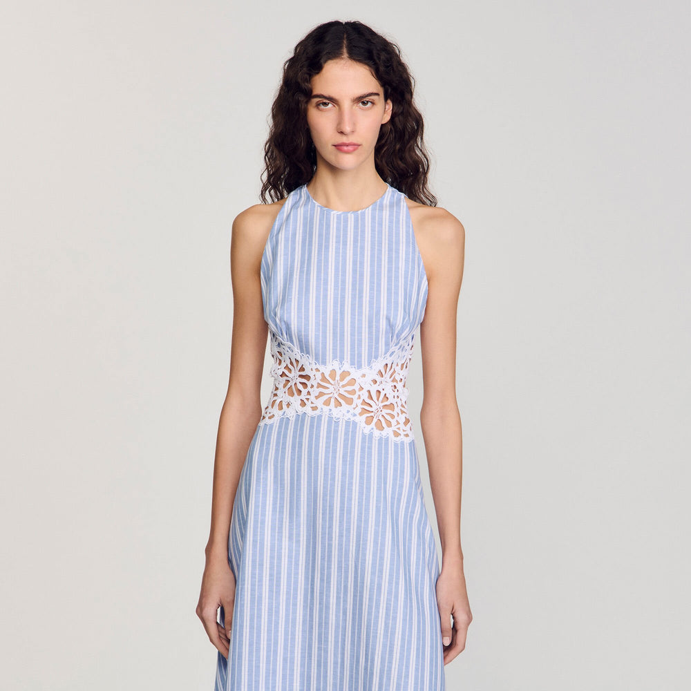Sandro / Striped maxi dress with lace Blu / White