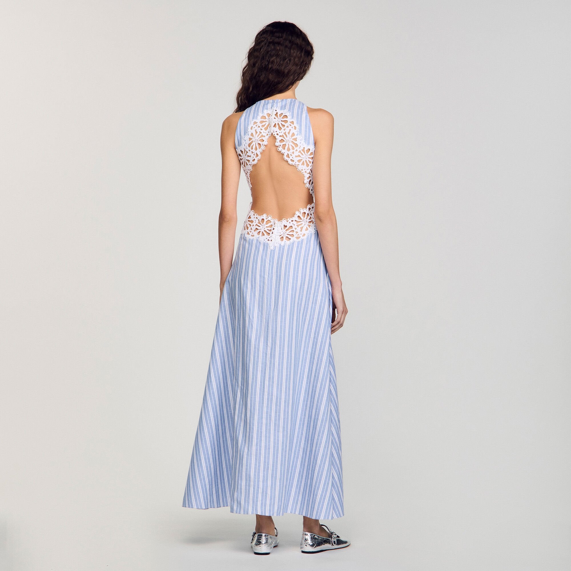 Sandro / Striped maxi dress with lace Blu / White
