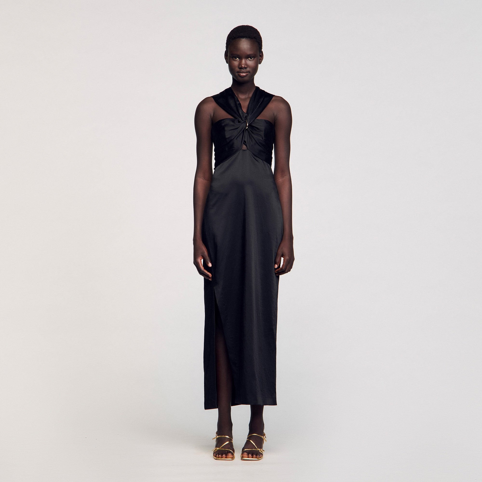 Sandro / Slit satin-effect maxi dress Black