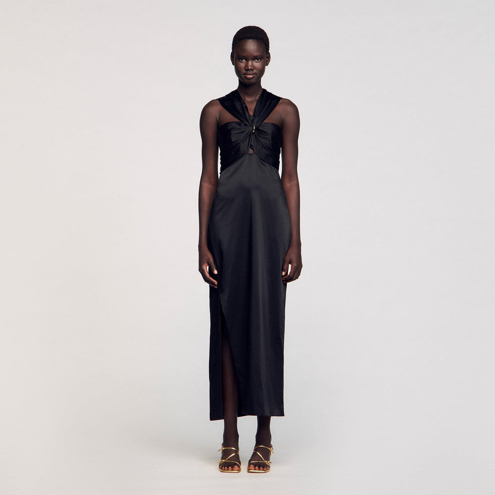 Sandro / Slit satin-effect maxi dress Black