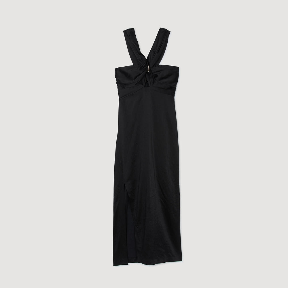 Sandro / Slit satin-effect maxi dress Black