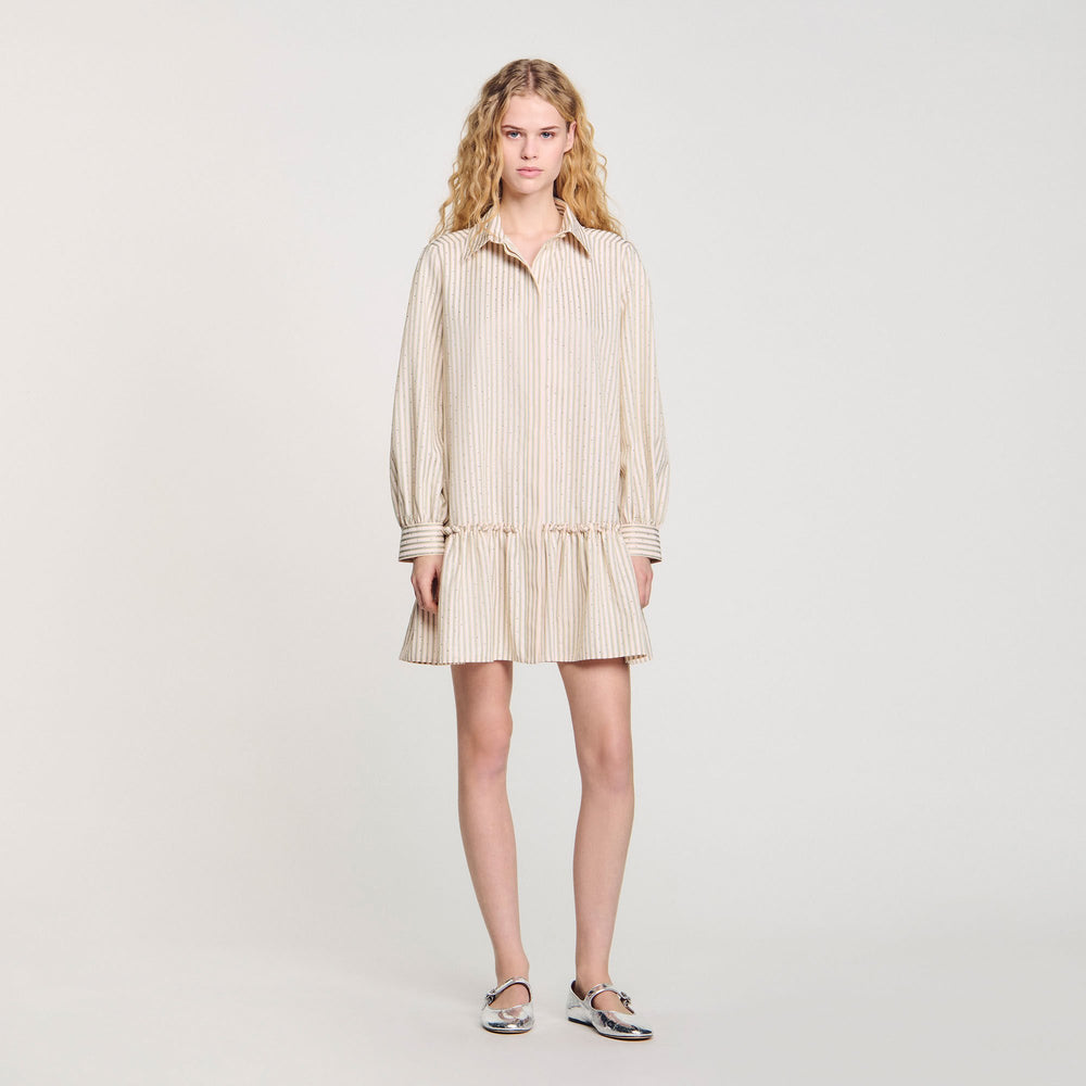 Sandro / Rhinestone striped shirt dress Khaki / Pink