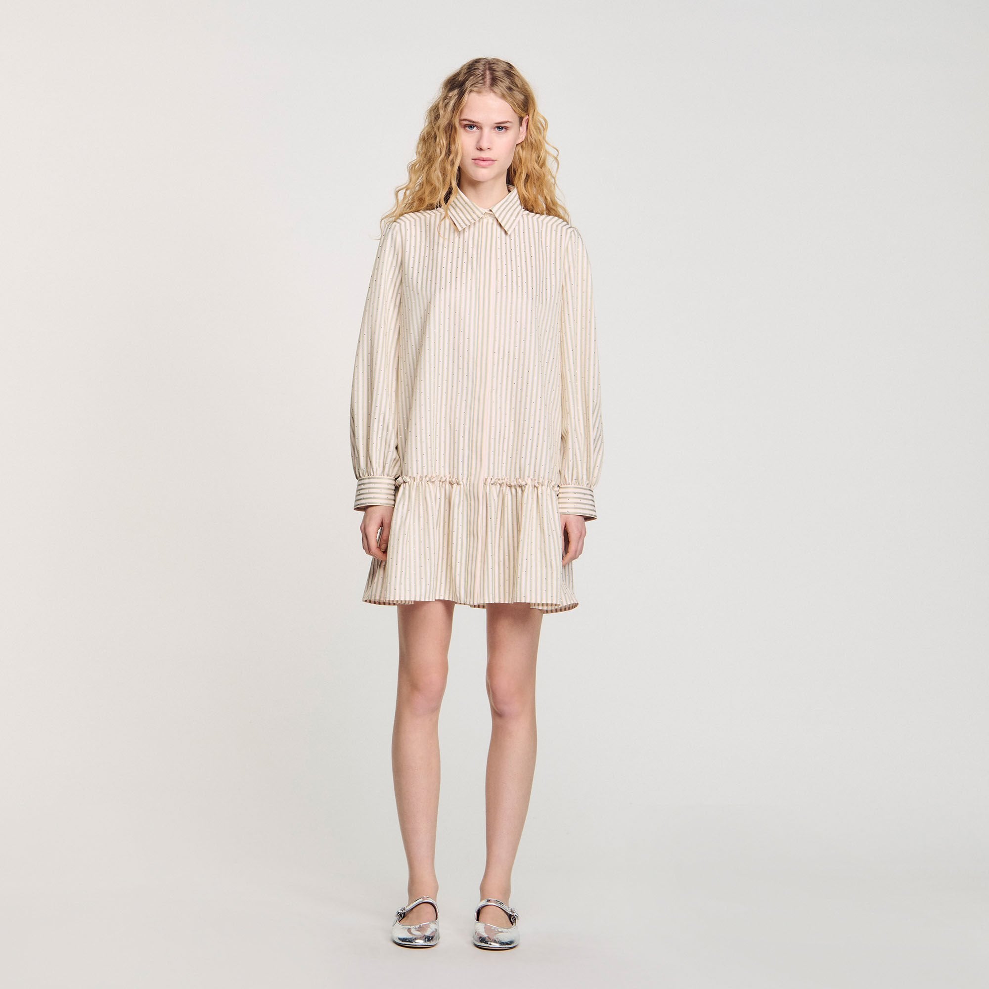 Sandro / Rhinestone striped shirt dress Khaki / Pink