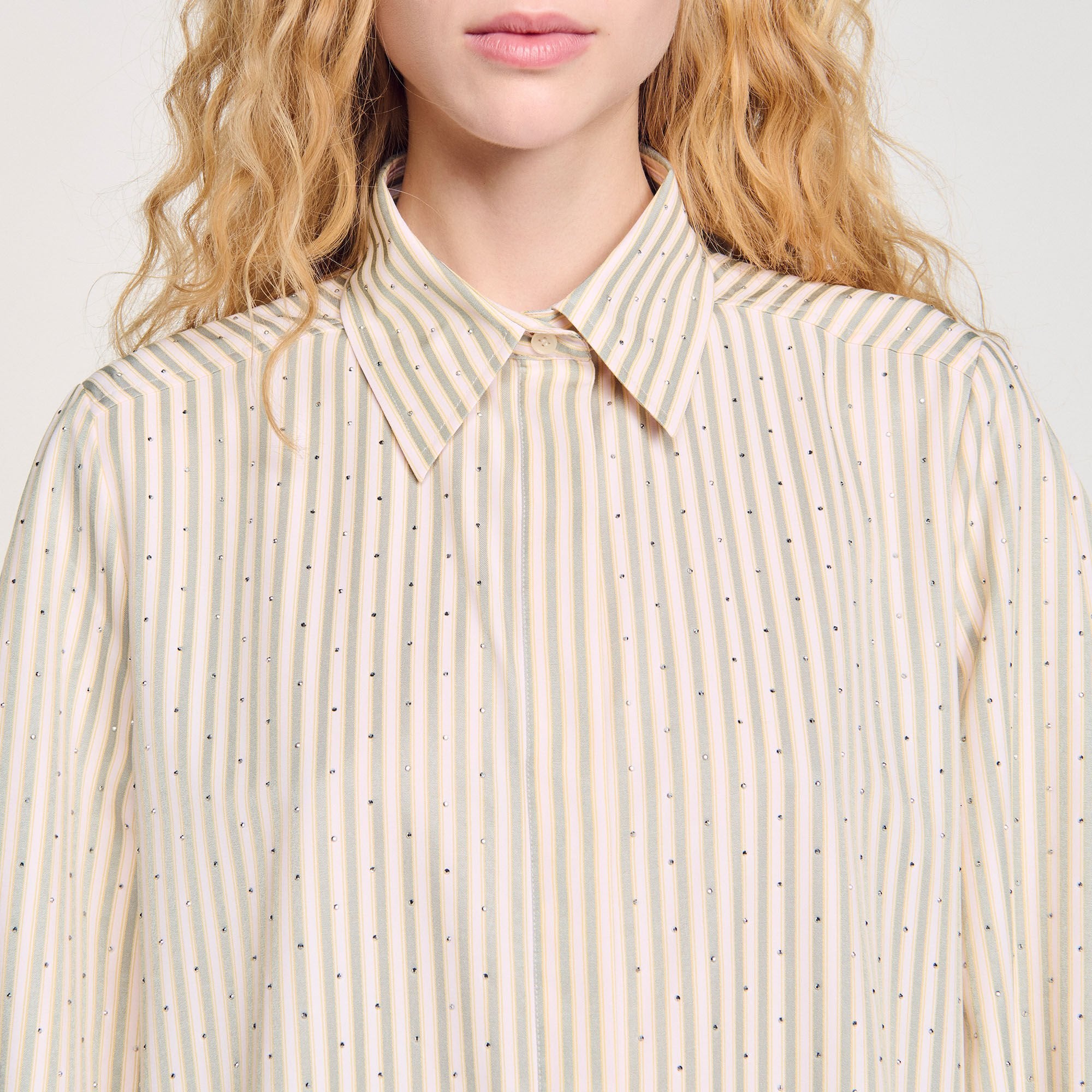 Sandro / Rhinestone striped shirt dress Khaki / Pink