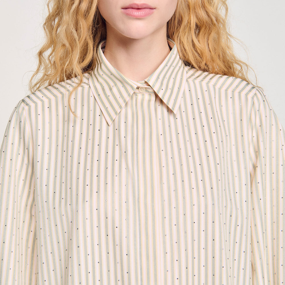 Sandro / Rhinestone striped shirt dress Khaki / Pink