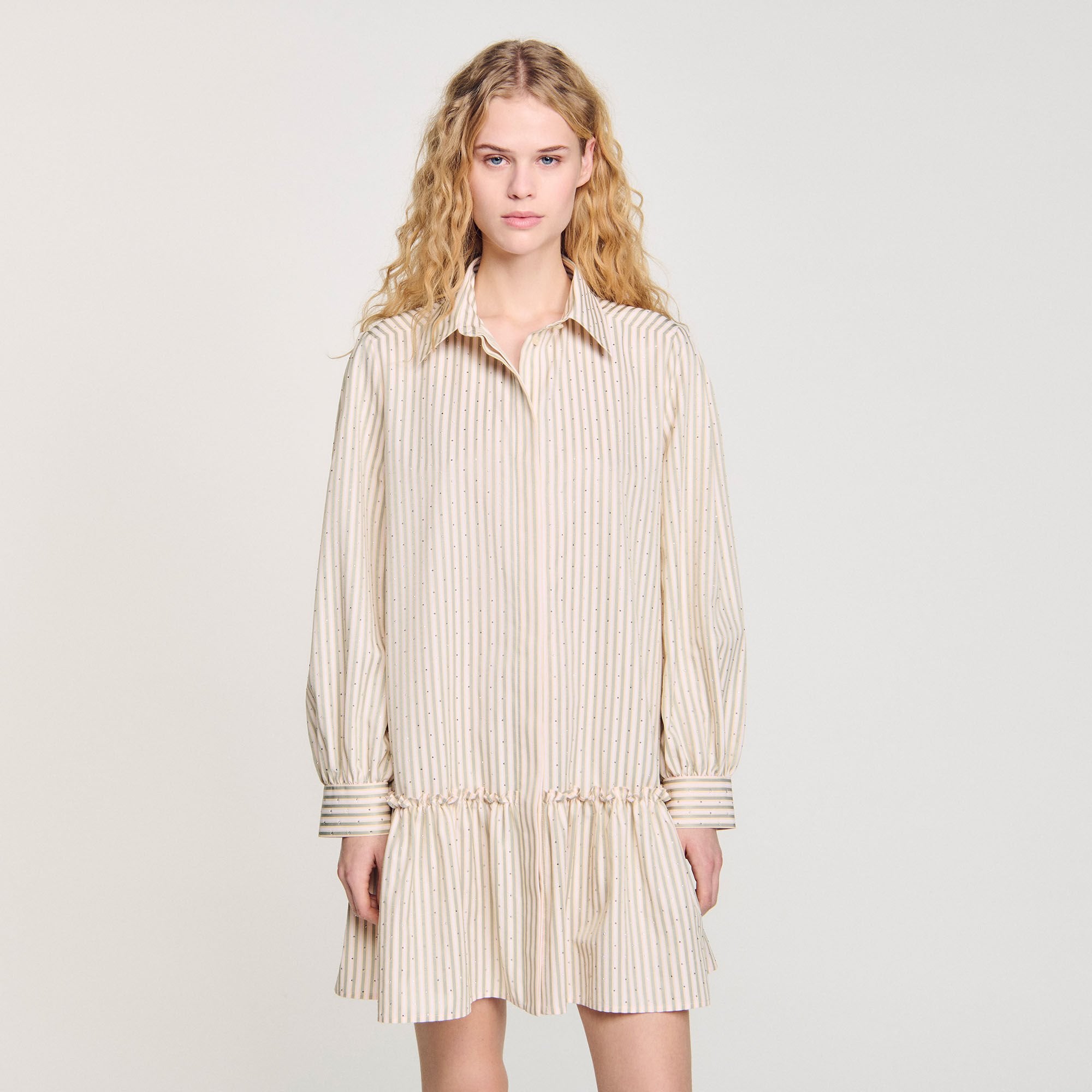Sandro / Rhinestone striped shirt dress Khaki / Pink