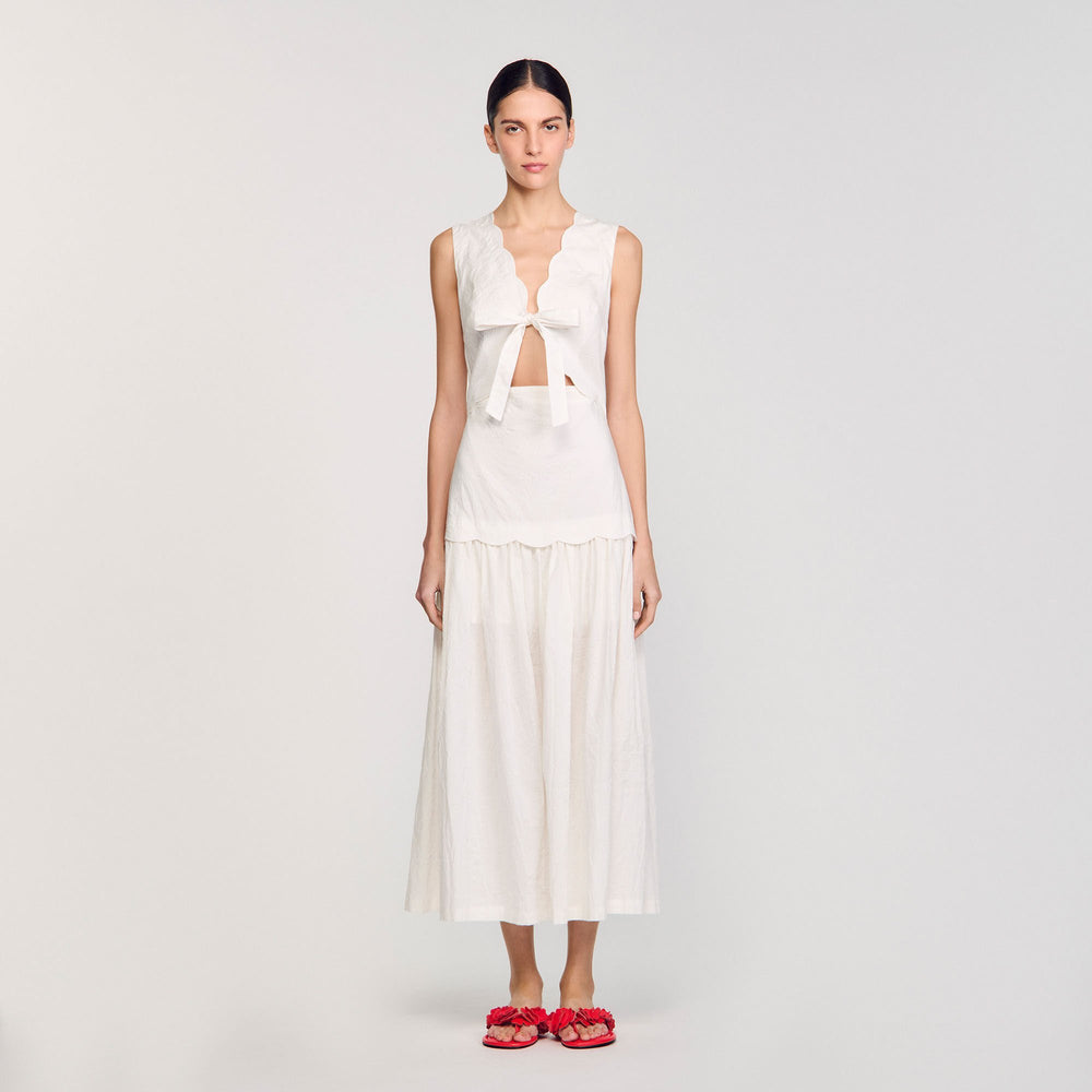 Sandro / Crinkled maxi dress with bow Ecru