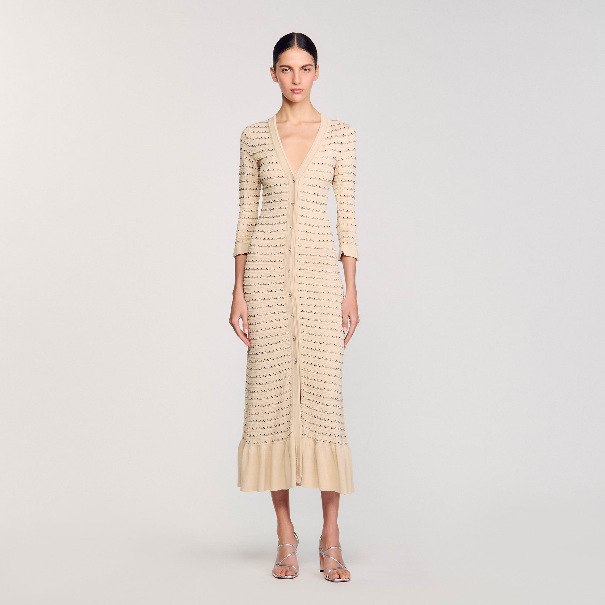 Sandro / Rhinestone knit maxi dress Beige