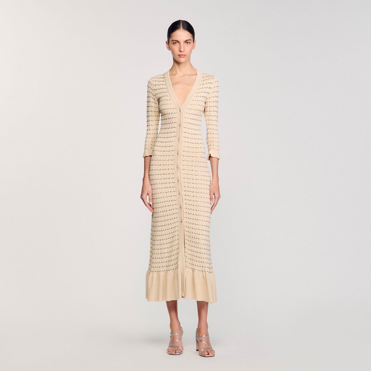 Sandro / Rhinestone knit maxi dress Beige