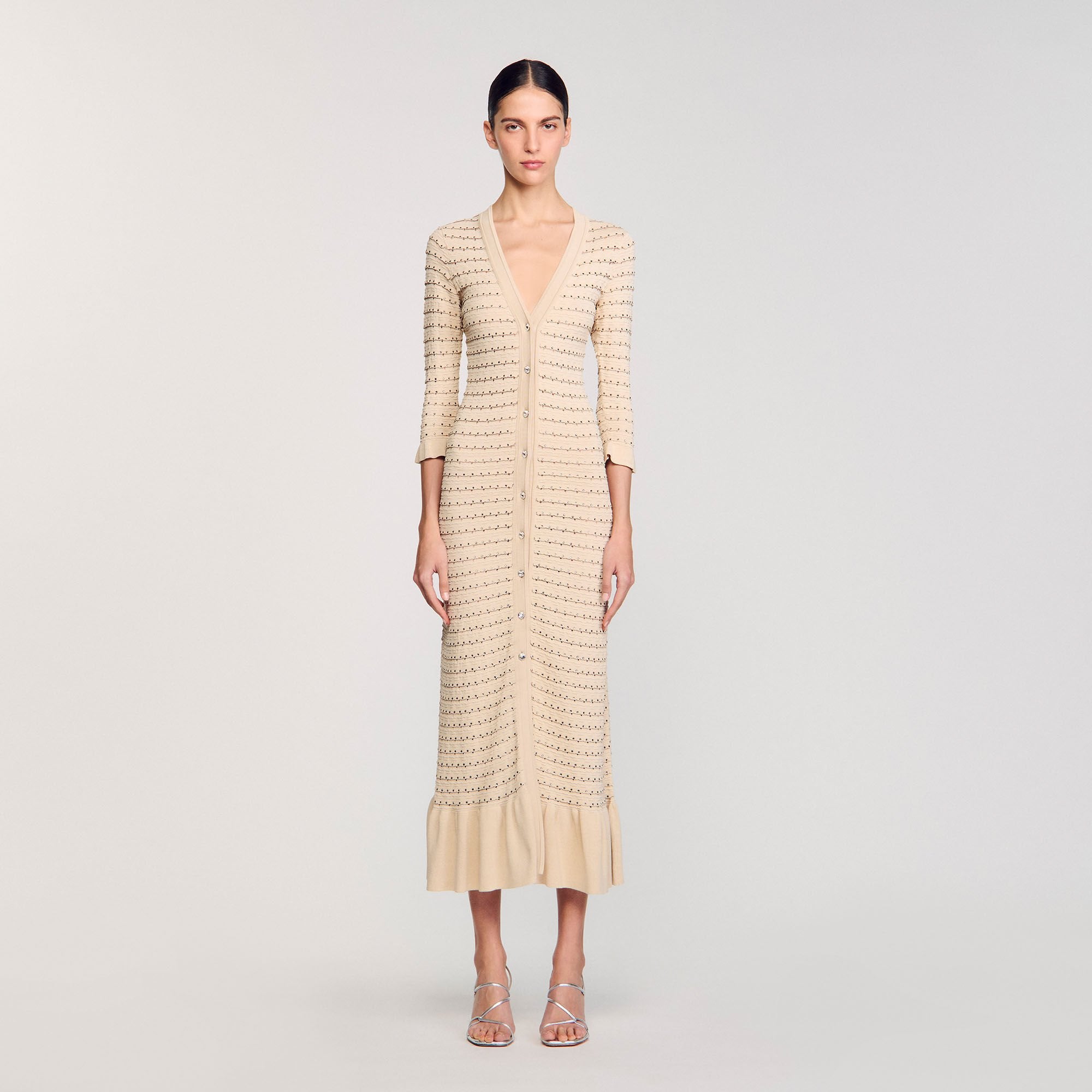 Sandro / Rhinestone knit maxi dress Beige