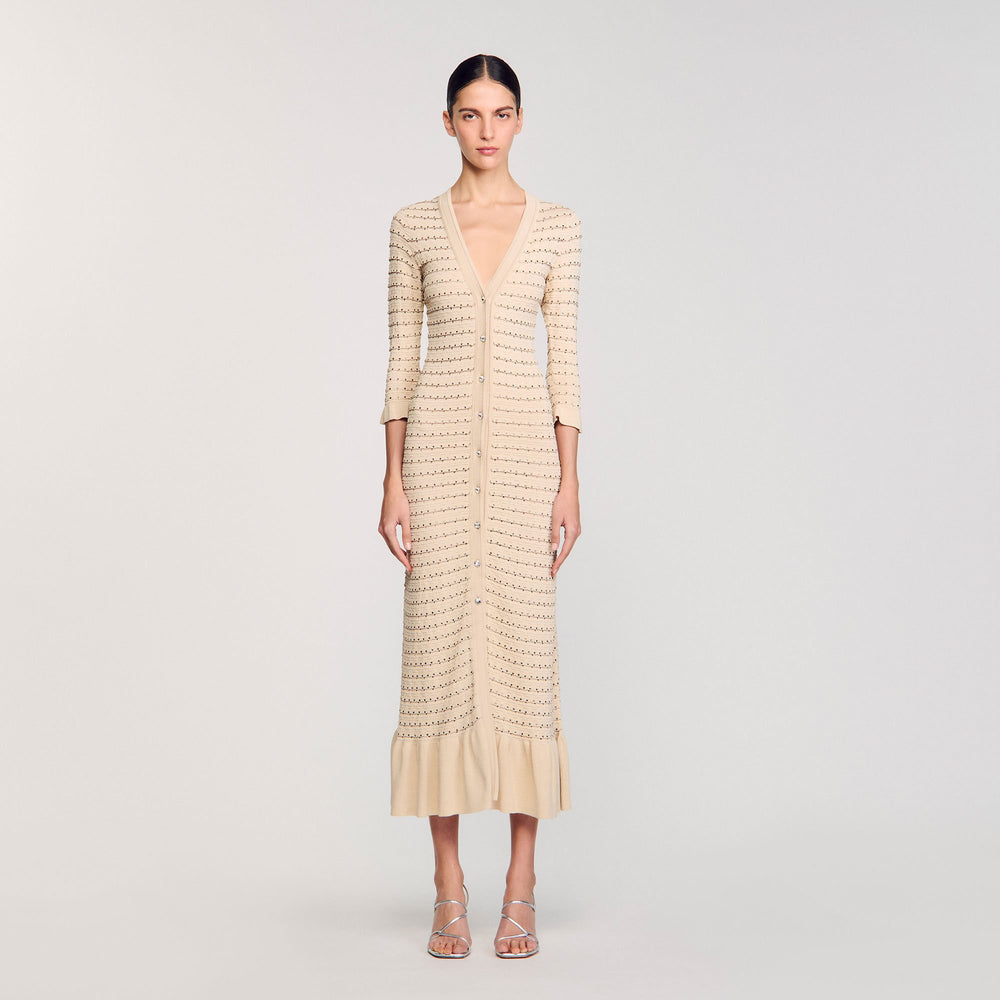 Sandro / Rhinestone knit maxi dress Beige