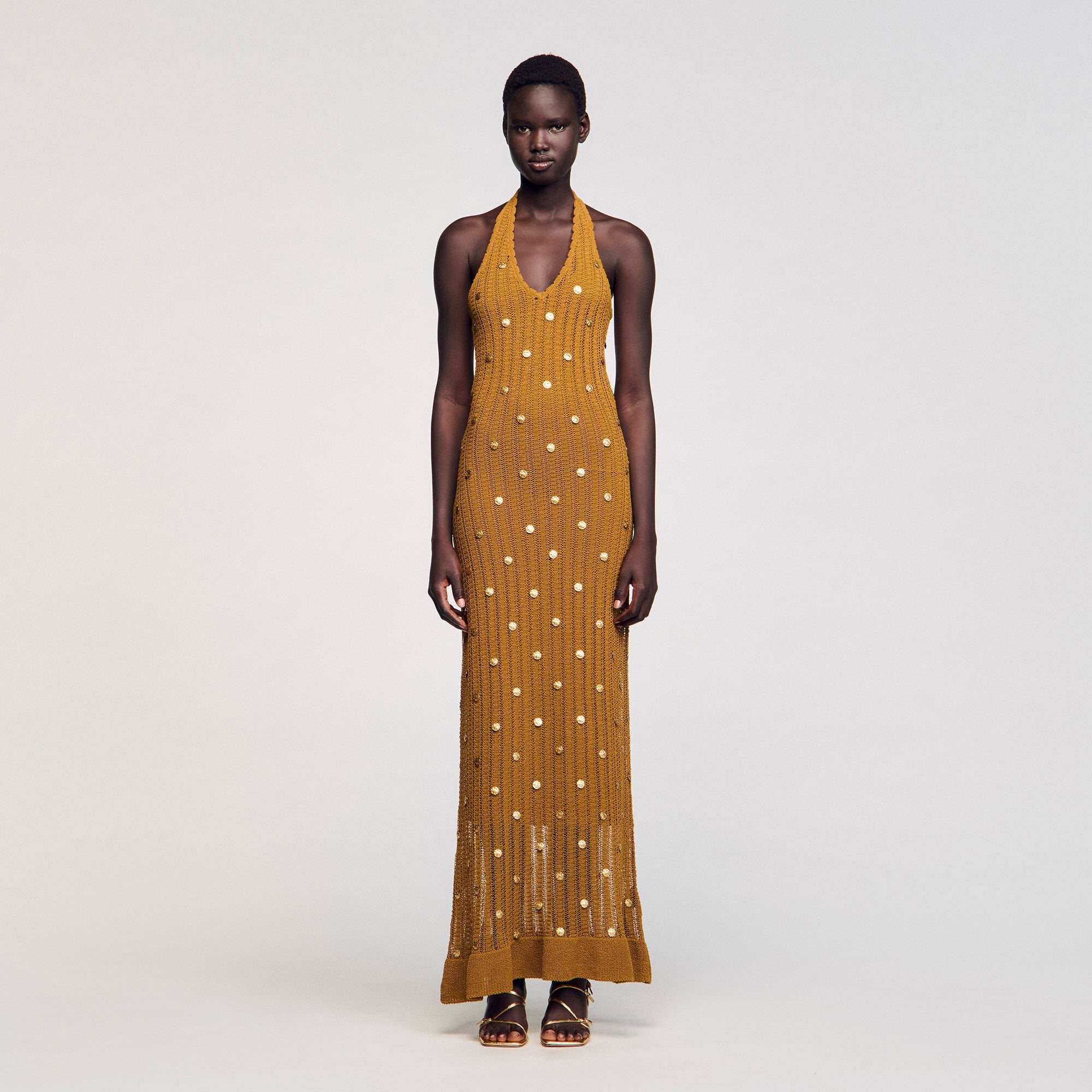 Sandro / Maxi knit dress with fringes Olive