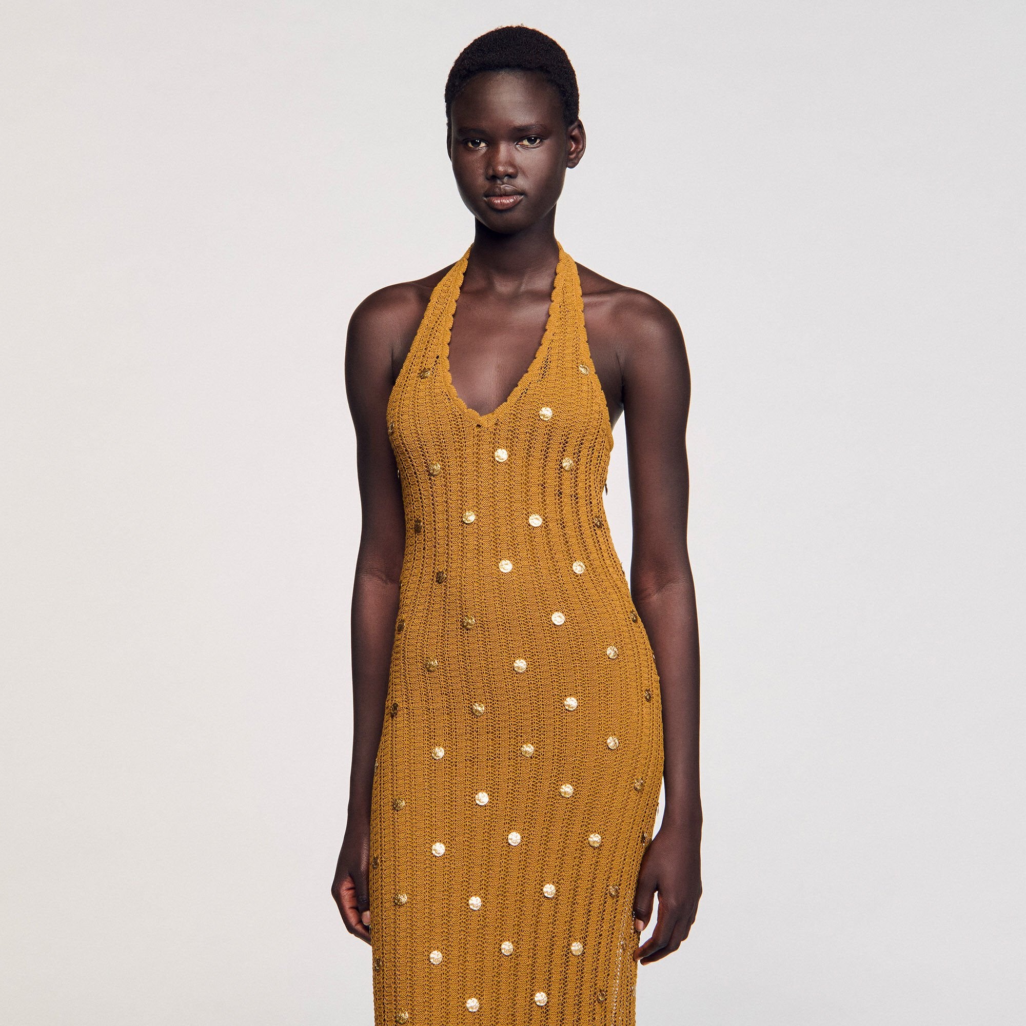 Sandro / Maxi knit dress with fringes Olive