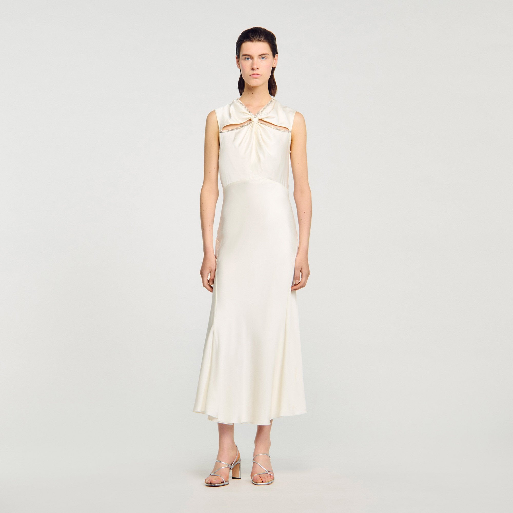 Sandro / Satin maxi dress with rhinestones Ecru