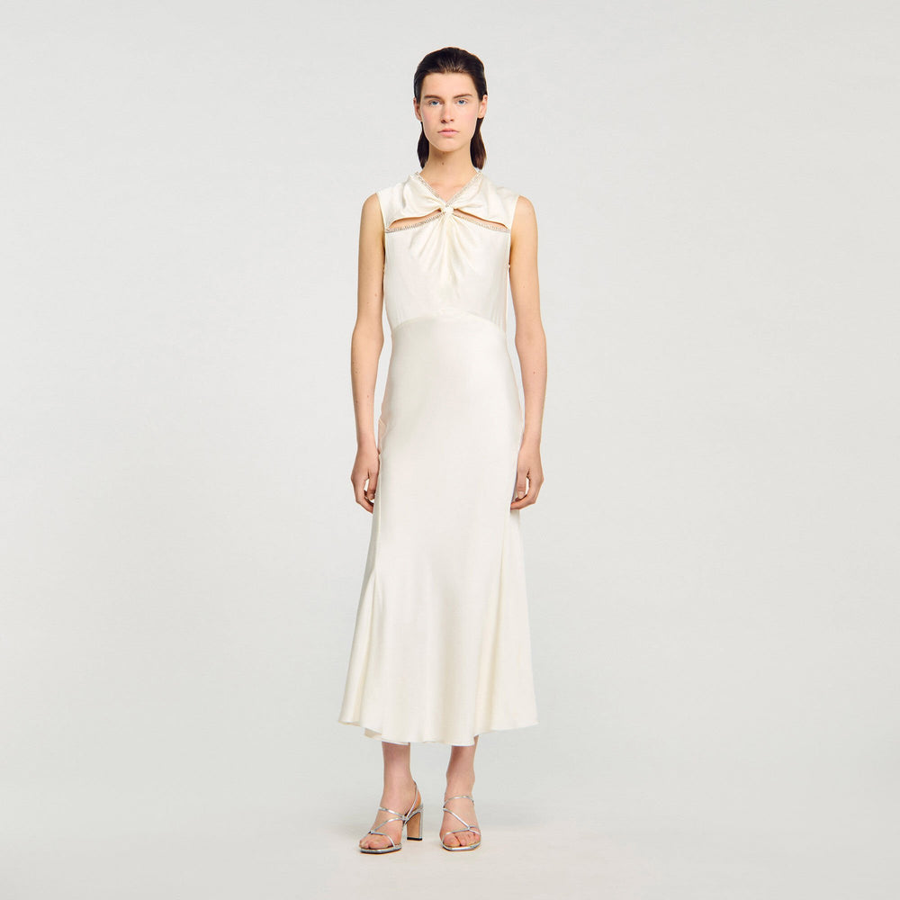 Sandro / Satin maxi dress with rhinestones Ecru