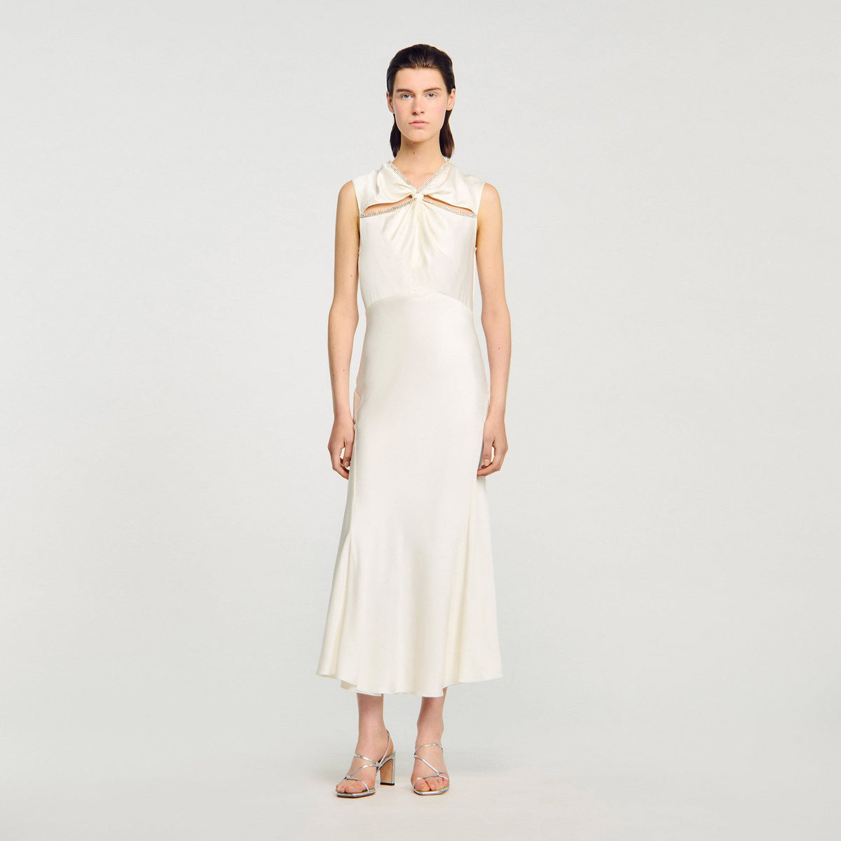 Sandro / Satin maxi dress with rhinestones Ecru