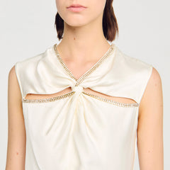 Sandro / Satin maxi dress with rhinestones Ecru