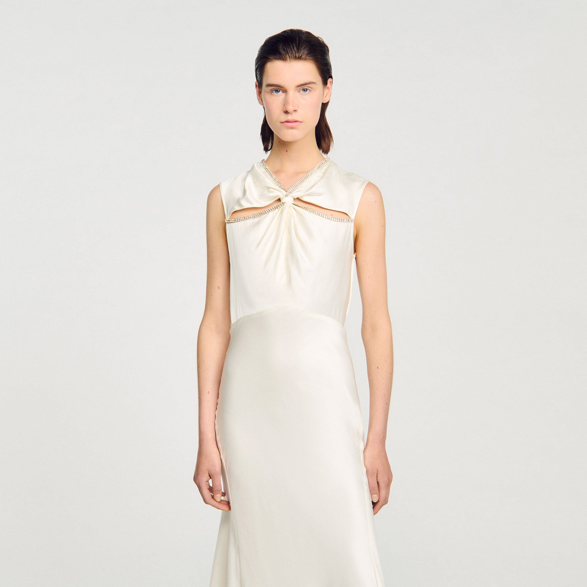Sandro / Satin maxi dress with rhinestones Ecru