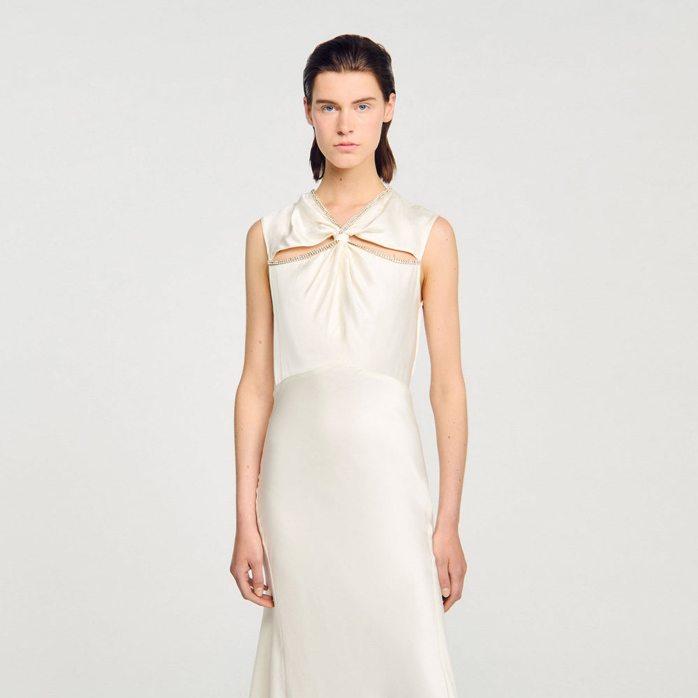 Sandro / Satin maxi dress with rhinestones Ecru