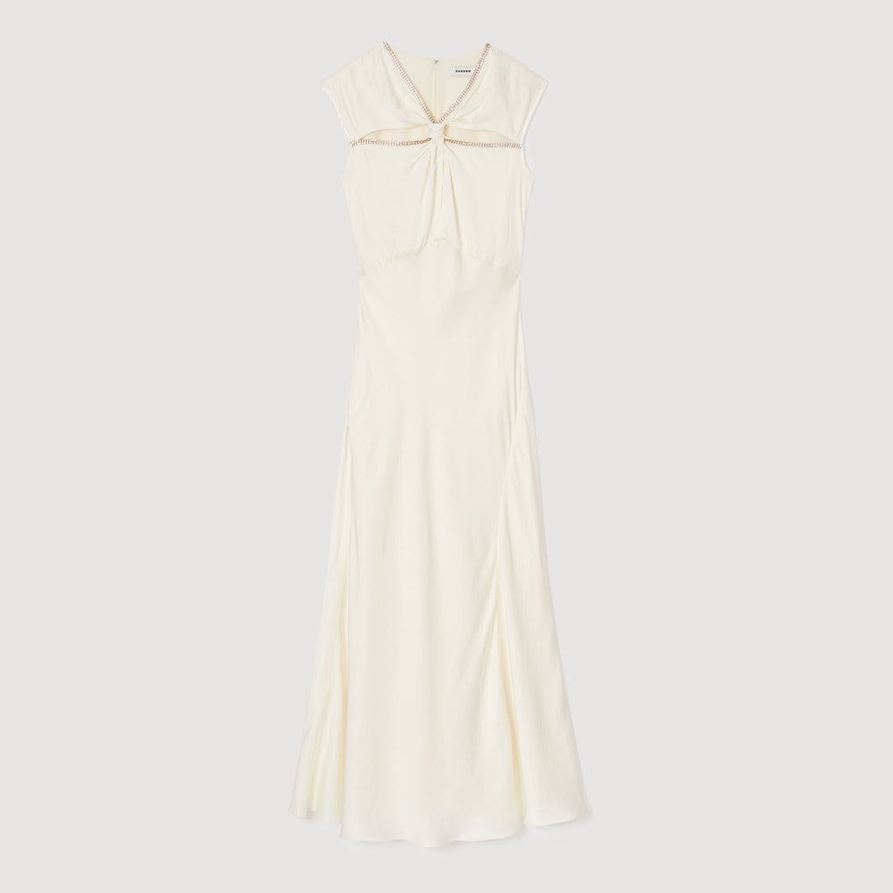 Sandro / Satin maxi dress with rhinestones Ecru