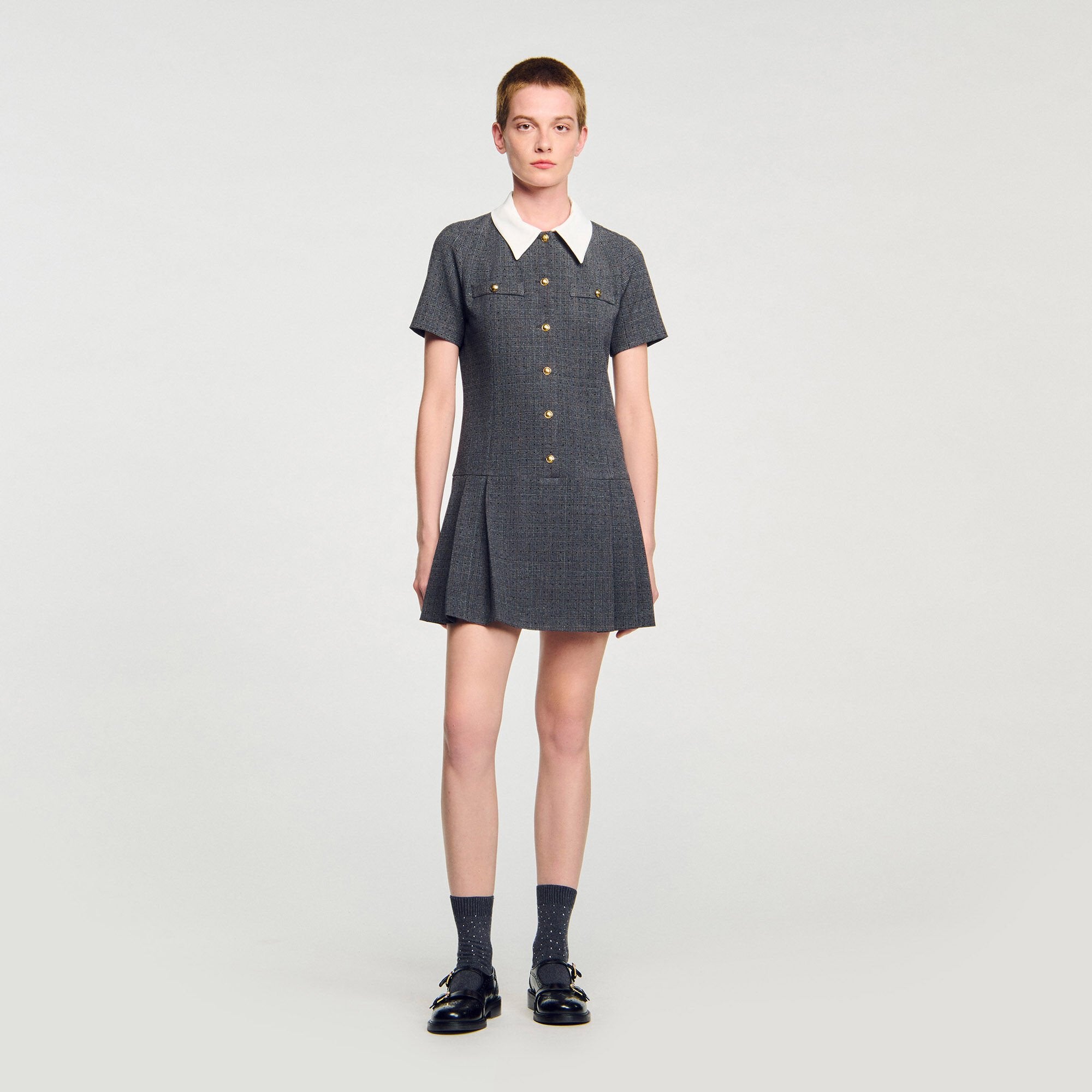 Sandro / Mini pleated dress with rhinestones Grey / Brown