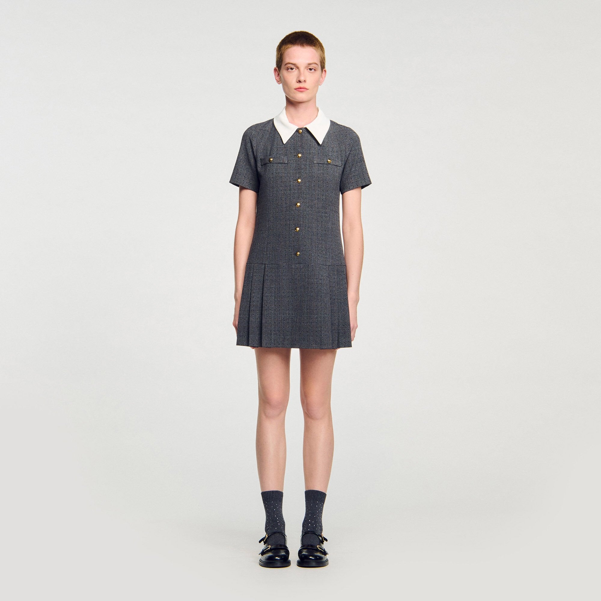 Sandro / Mini pleated dress with rhinestones Grey / Brown