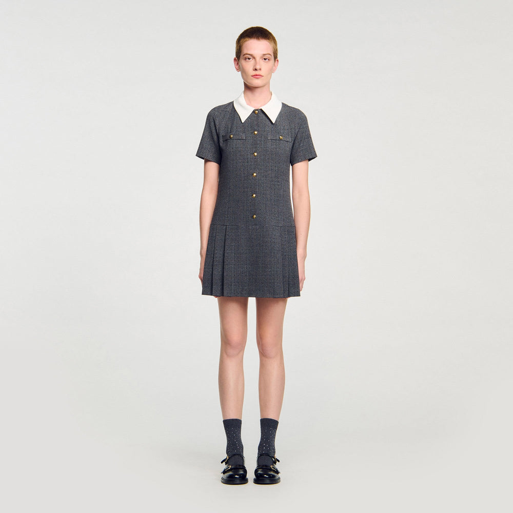 Sandro / Mini pleated dress with rhinestones Grey / Brown