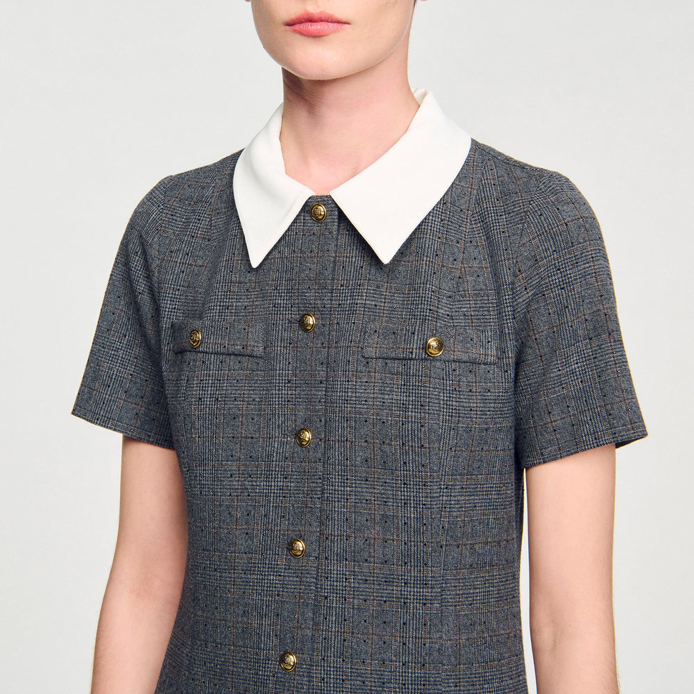 Sandro / Mini pleated dress with rhinestones Grey / Brown