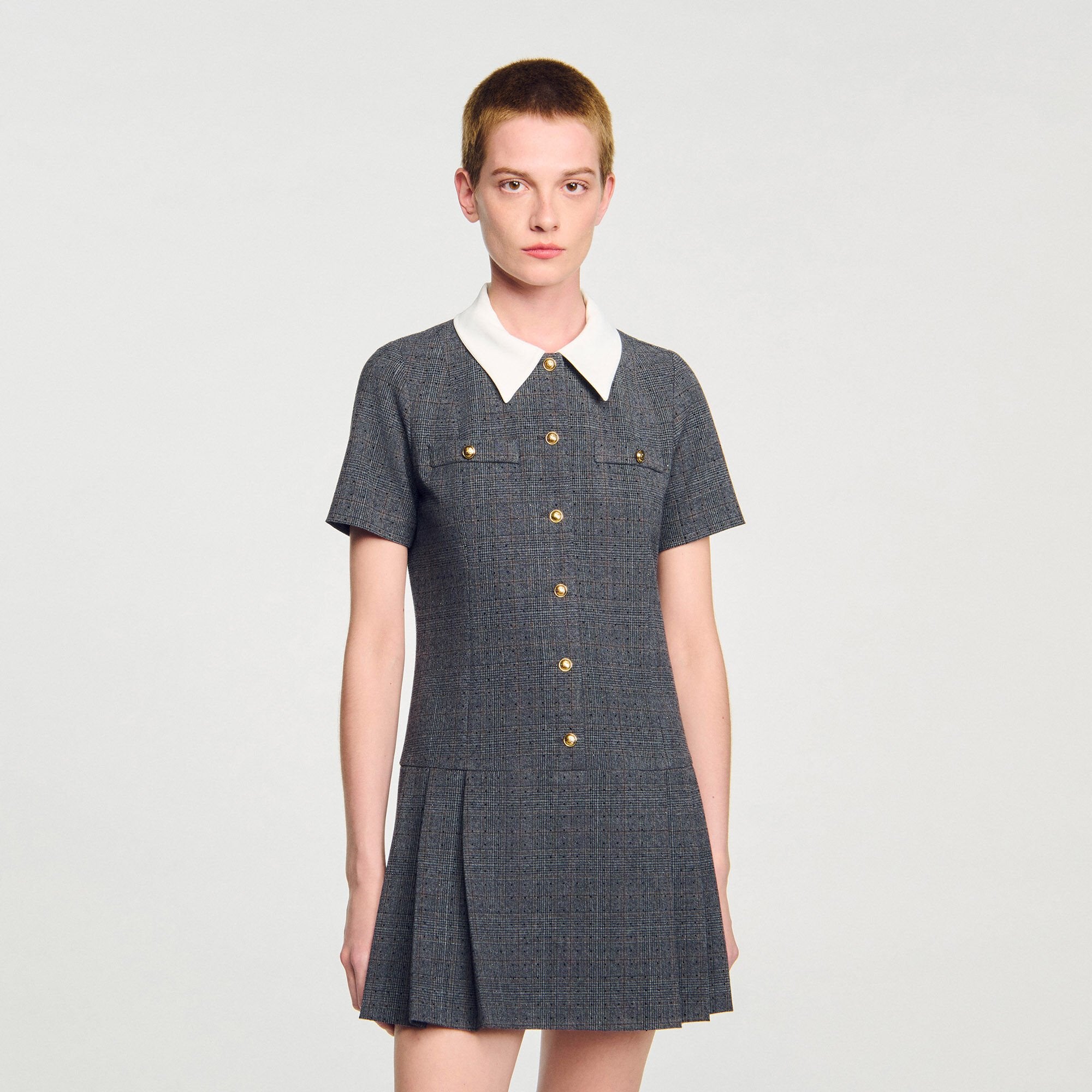 Sandro / Mini pleated dress with rhinestones Grey / Brown