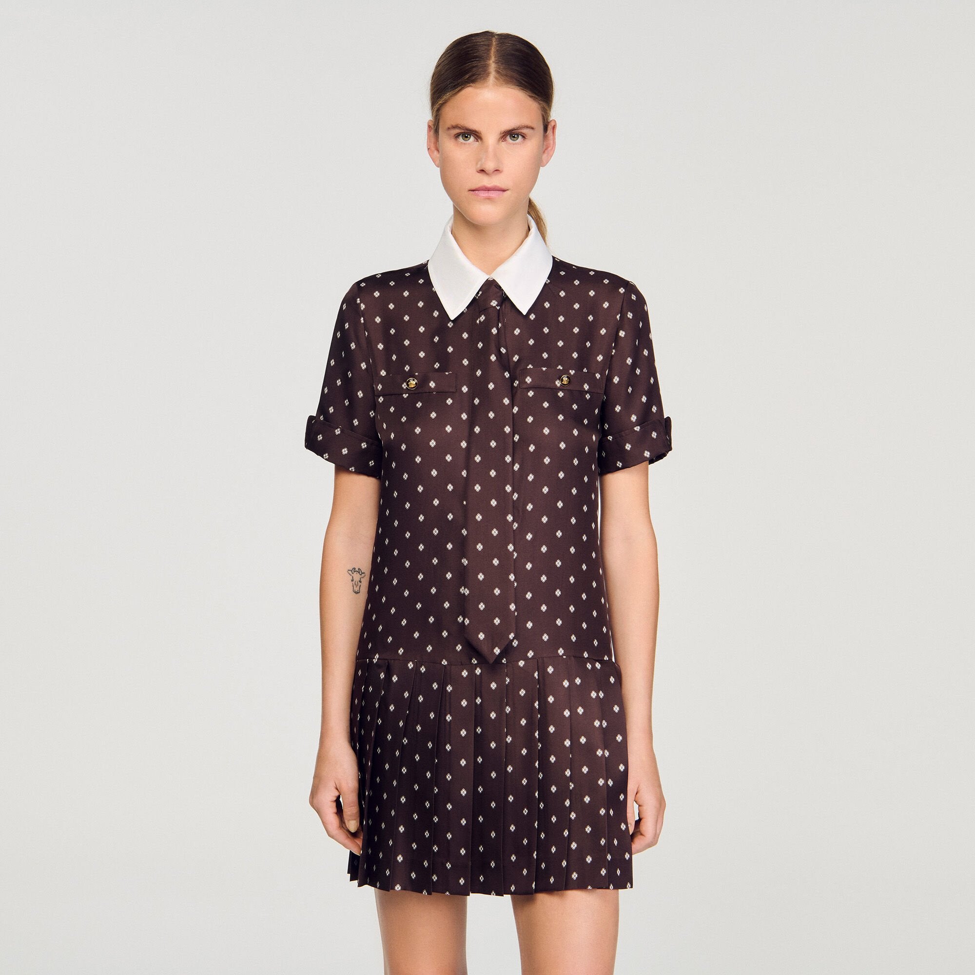 Sandro / Printed satin-effect mini dress Brown / White