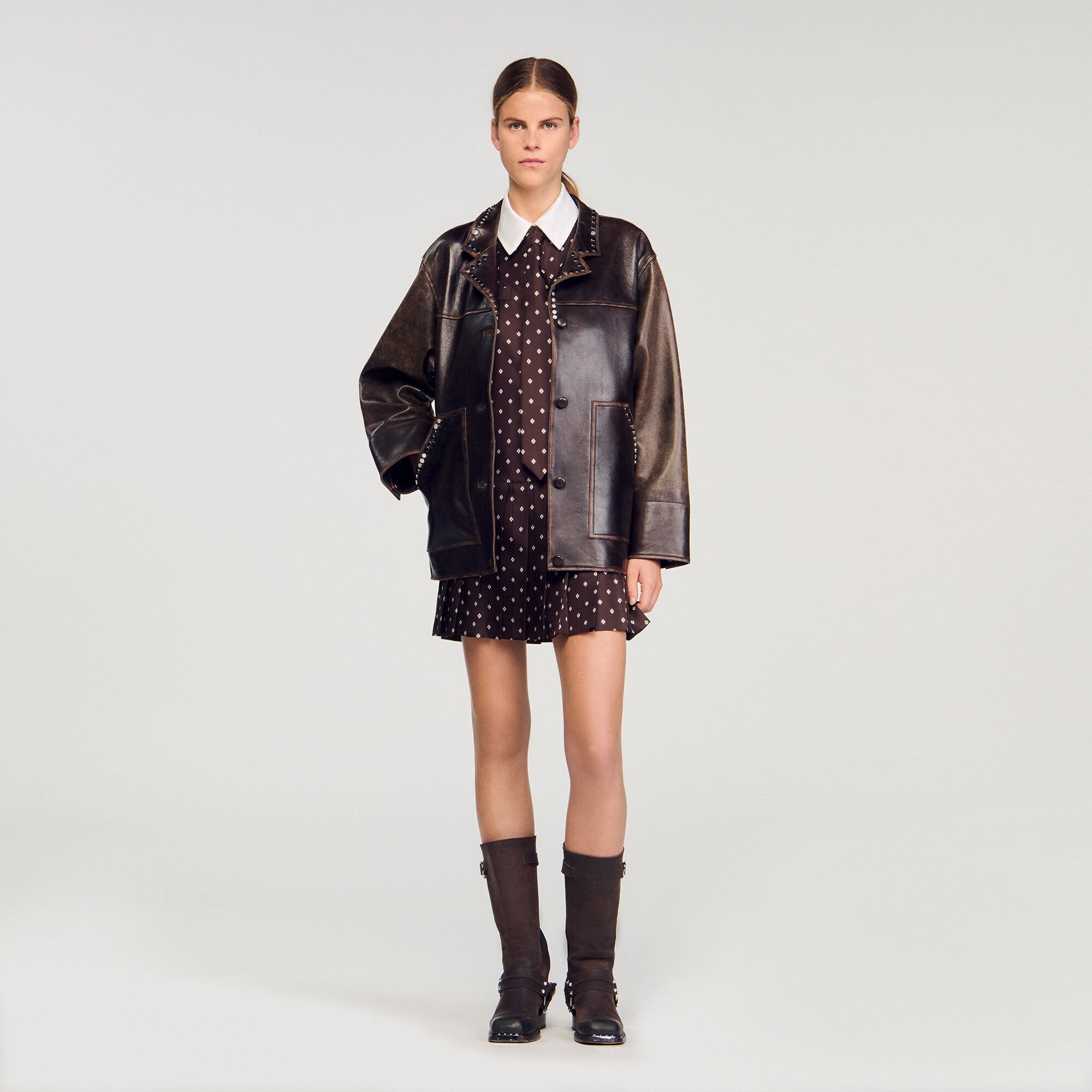 Sandro / Printed satin-effect mini dress Brown / White
