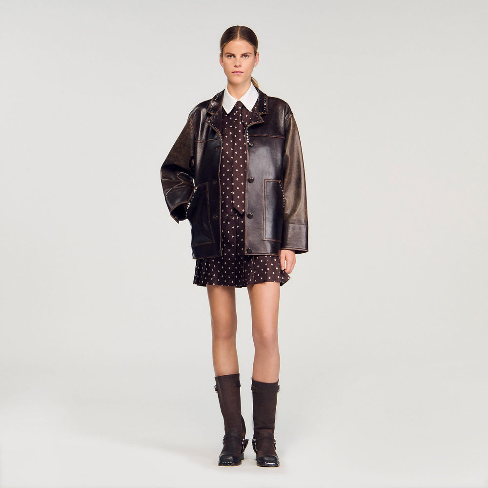 Sandro / Printed satin-effect mini dress Brown / White