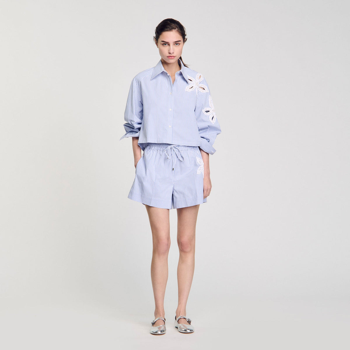 Sandro / Striped shorts with flower detail Sky Blue