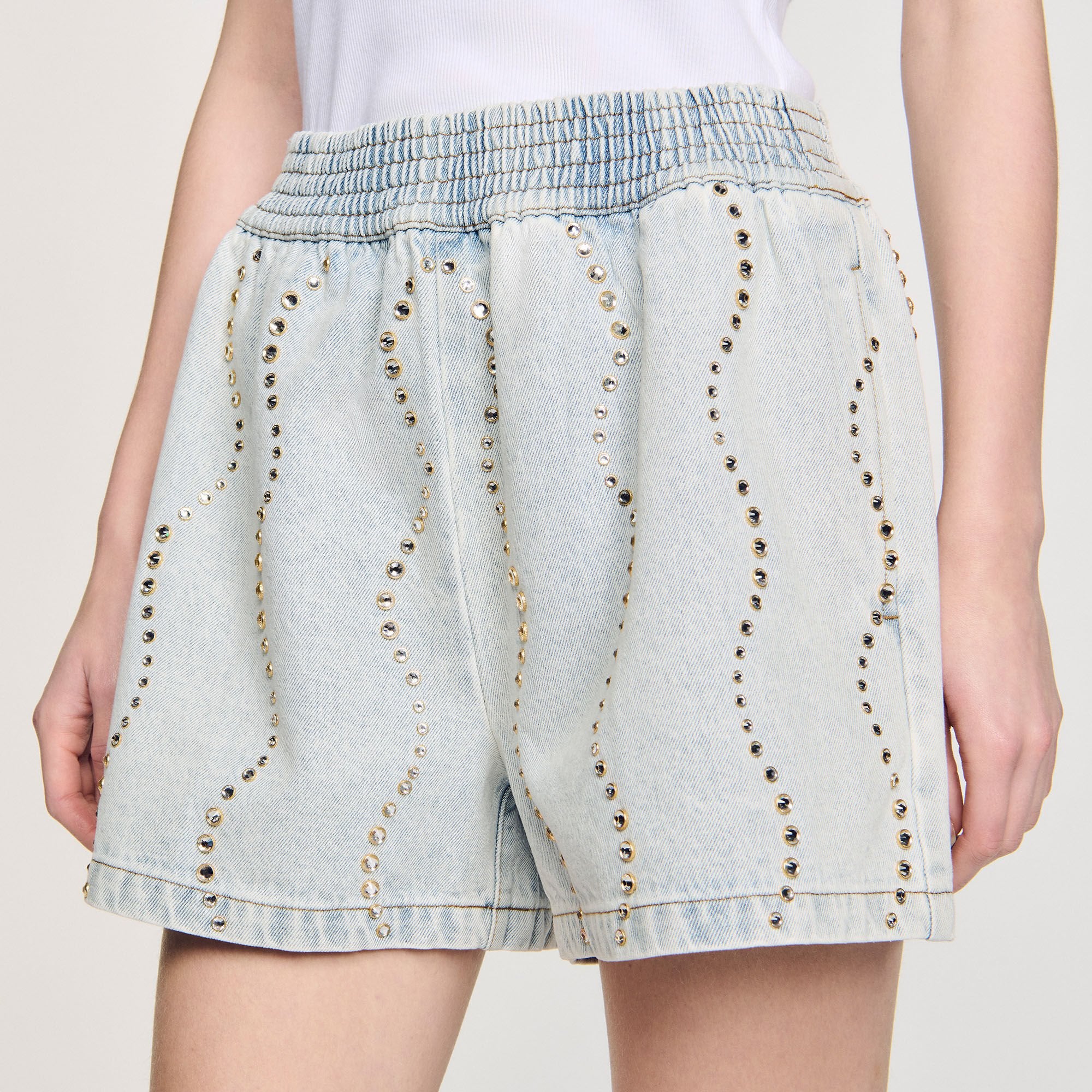 Sandro / Beaded and rhinestone denim shorts Light Bu Jean