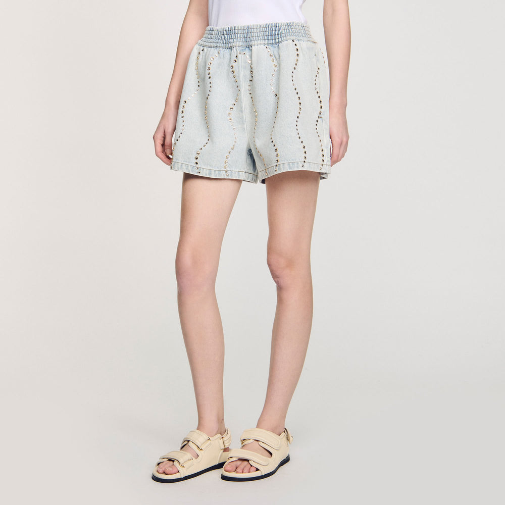 Sandro / Beaded and rhinestone denim shorts Light Bu Jean