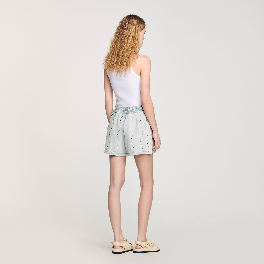 Sandro / Beaded and rhinestone denim shorts Light Bu Jean