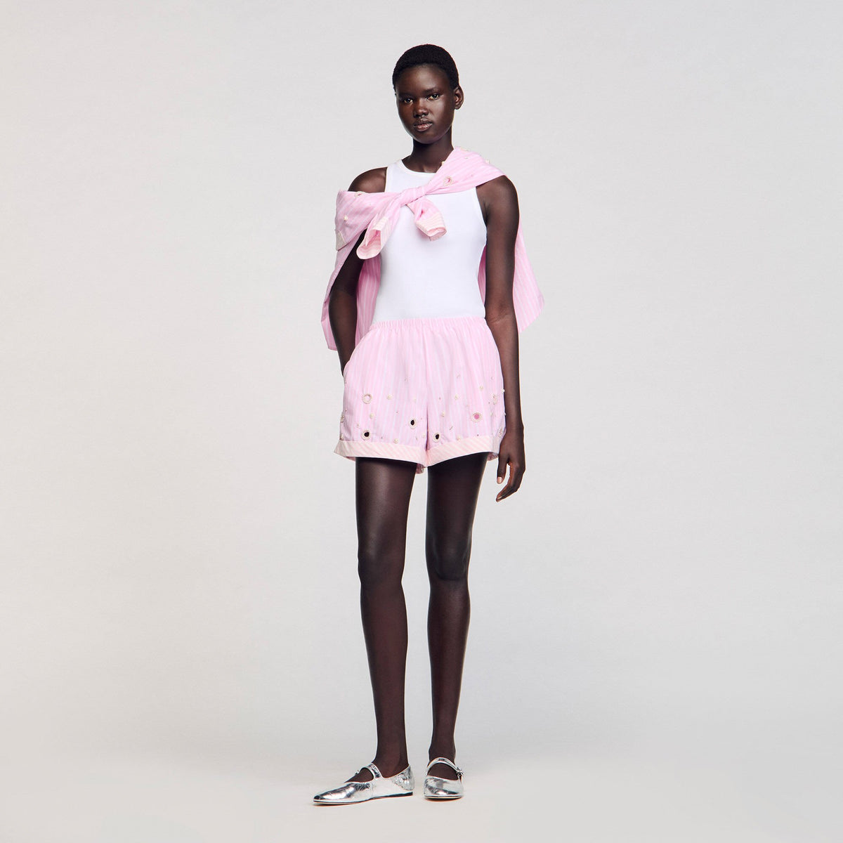 Sandro / Rhinestone striped shorts Pink