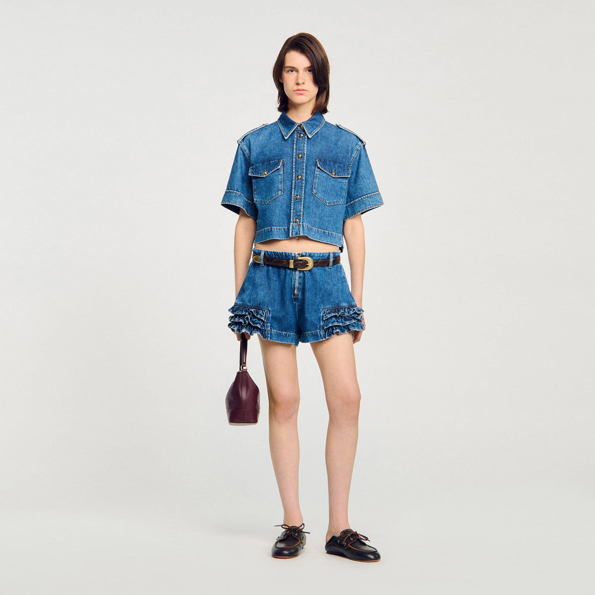 Sandro / Ruffled denim shorts Blue Jean