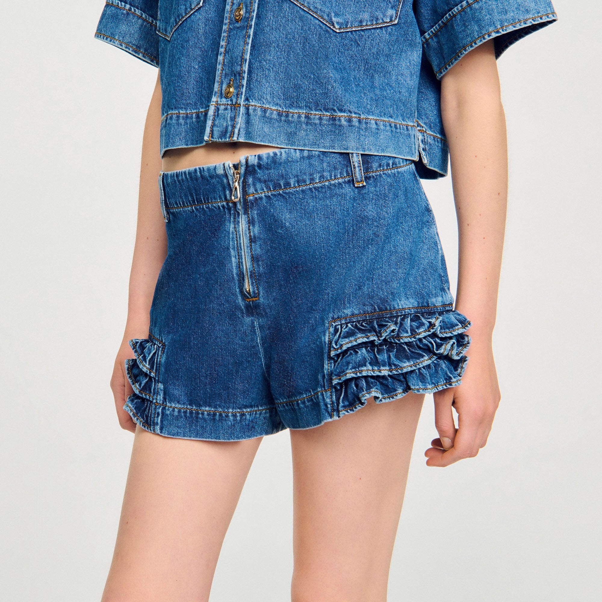 Sandro / Ruffled denim shorts Blue Jean