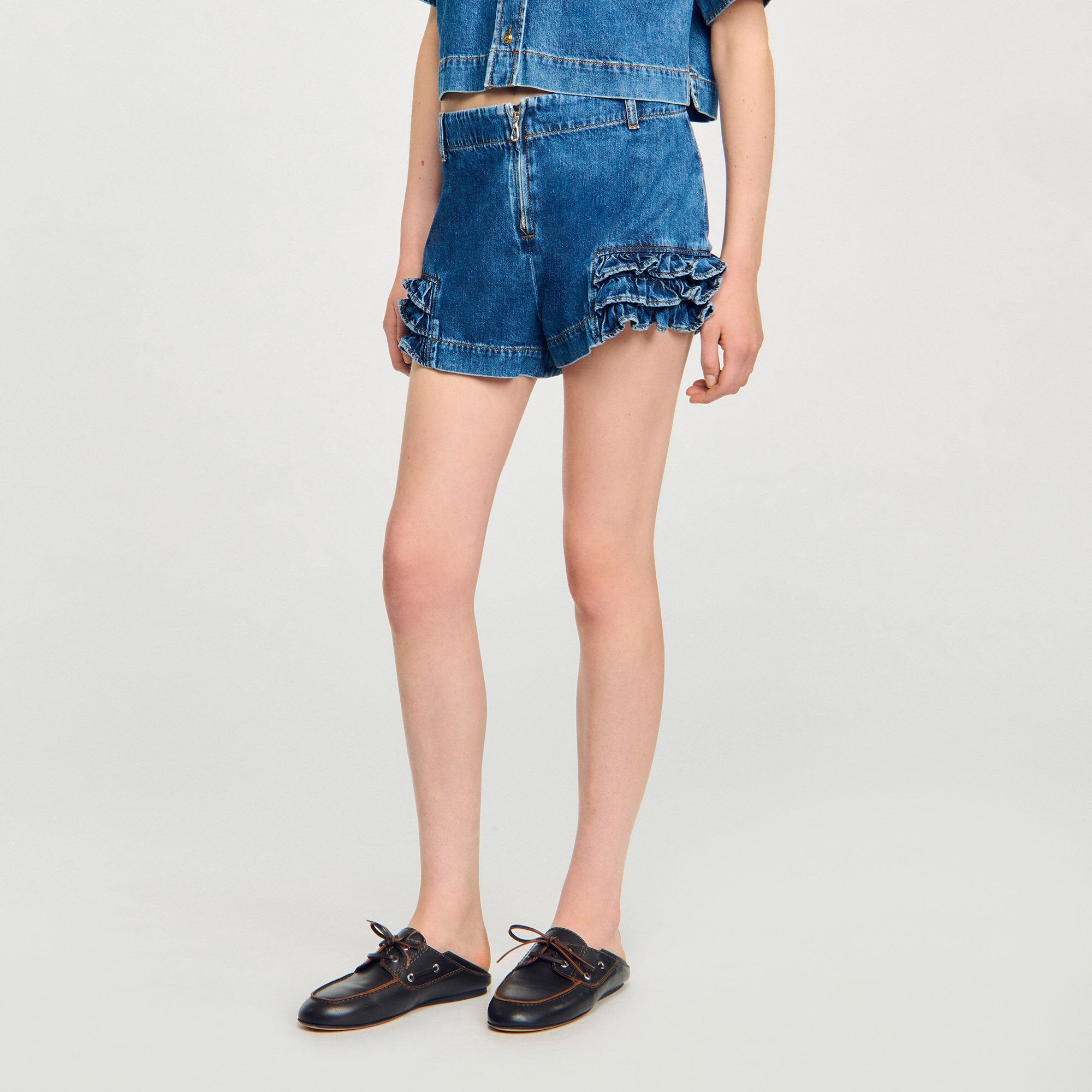 Sandro / Ruffled denim shorts Blue Jean