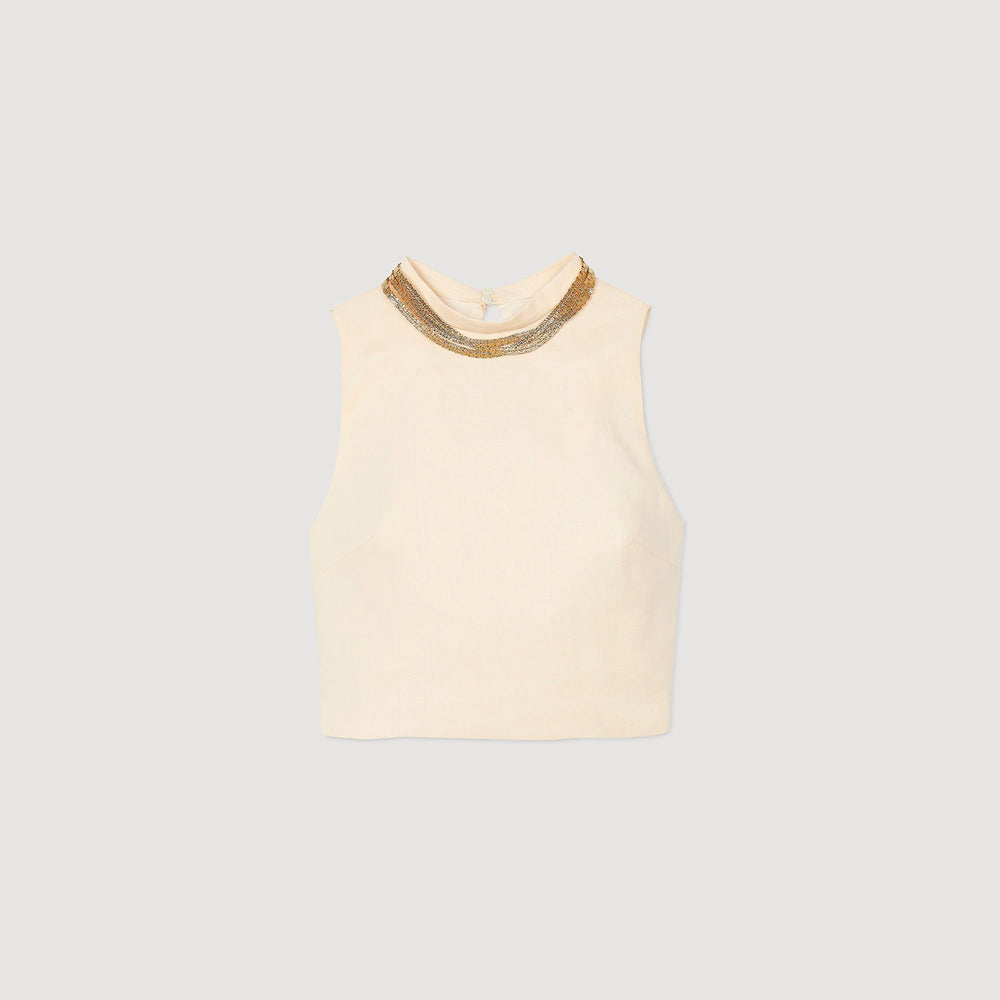 Sandro / Knit crop top with necklace Ecru