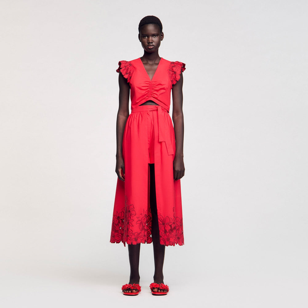 Sandro / Crop top with embroidered sleeves Red