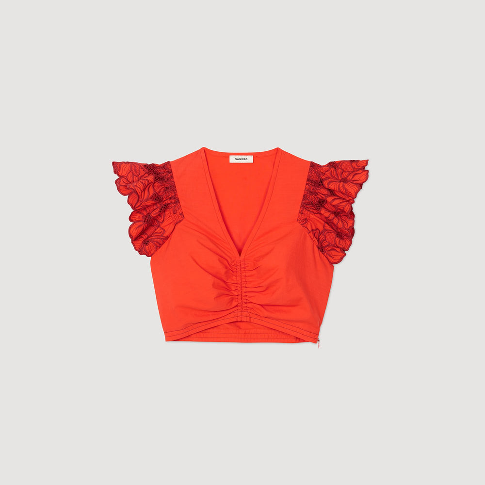 Sandro / Crop top with embroidered sleeves Red